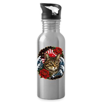 Katze im japanischen Irezumi Tattoo Stil - Trinkflasche mit integriertem Trinkhalm - Lightsilver - Rechts