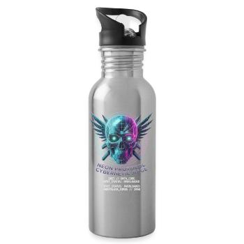 Totenkopf Neon, Synthwave, Cyberpunk, Halloween - Trinkflasche mit integriertem Trinkhalm - Lightsilver - Rechts