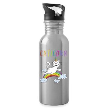 Funny Caticorn Cat - Unicorn Cats Rainbow - Water bottle with straw - silver - Right