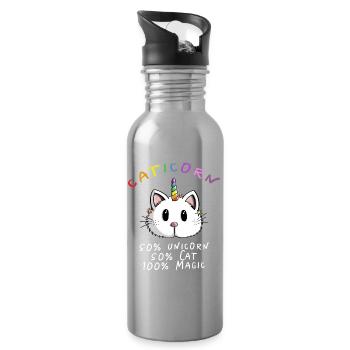Kawaii Caticorn Unicorn Cat - licorne magique - Gourde avec paille intégrée - argent clair - Droite