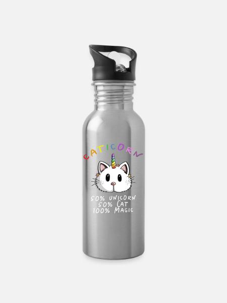 Kawaii Caticorn Unicorn Cat - licorne magique - Gourde avec paille intégrée - argent clair