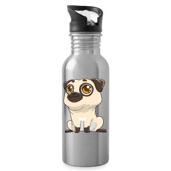Cute pug with big eyes - Water bottle with straw - silver - Right