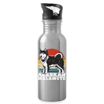 Alaskan Malamute Dog Lover Retro - Water bottle with straw - silver - Right