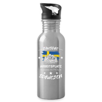 Tausche Arbeitsplatz gegen Hütte Schweden Spruch - Trinkflasche mit integriertem Trinkhalm - Lightsilver - Rechts