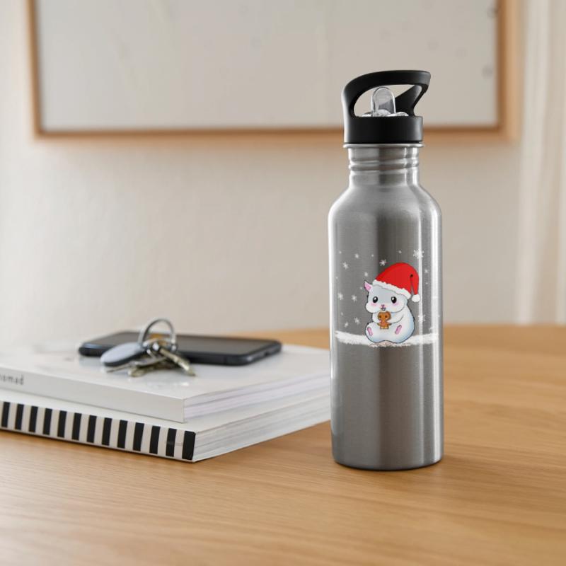 A Sweet Hamster Eats A Cookie While It Snows Water bottle with straw