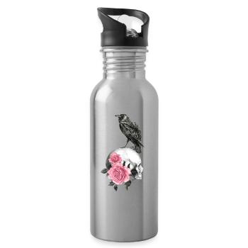 Crâne avec roses et corbeau - Gourde avec paille intégrée - argent clair - Droite