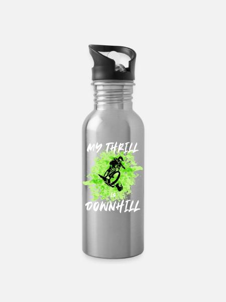 My Thrill is Downhill Mountain Bike Gift - Water bottle with straw - silver