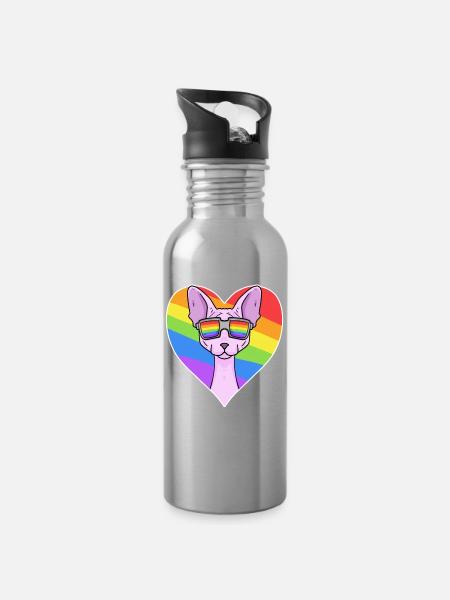 Sphynx Katze - Sphinx-Katze - Regenbogen Herz - Trinkflasche mit integriertem Trinkhalm - Lightsilver