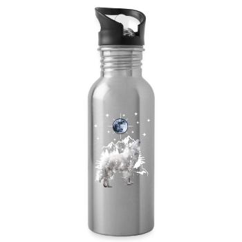 howling wolf silhouette with moon - Water bottle with straw - silver - Right