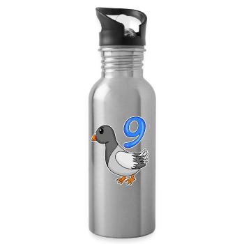 9 ans - 9ème anniversaire - motif oiseau pigeon - Gourde avec paille intégrée - argent clair - Droite