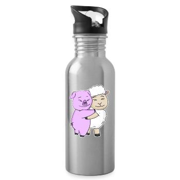 Pig and sheep cuddle cute animals - Water bottle with straw - silver - Right