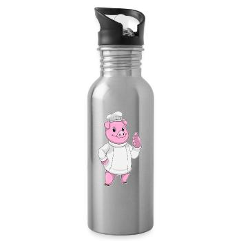Pig Chef Chef Hat Cooking - Water bottle with straw - silver - Right