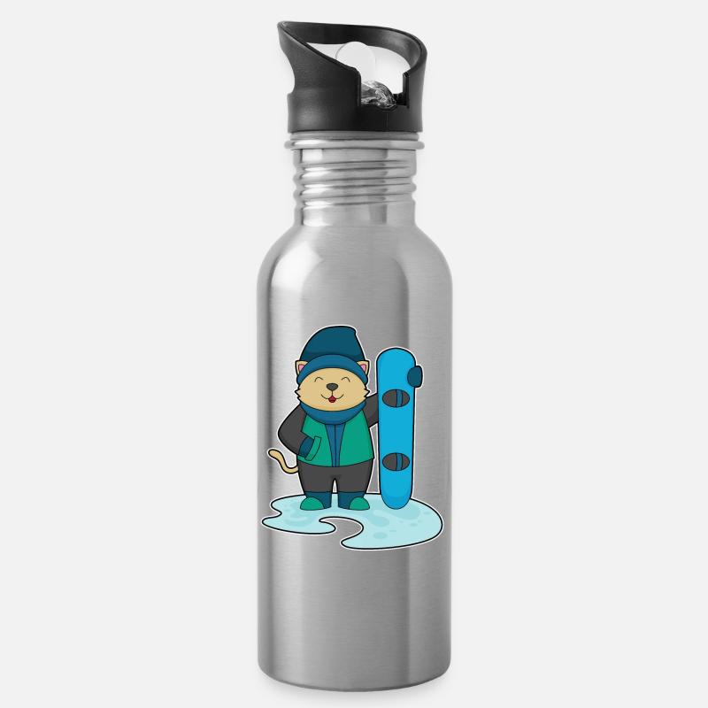Cat Snowboarder Snowboard - Water bottle with straw - silver