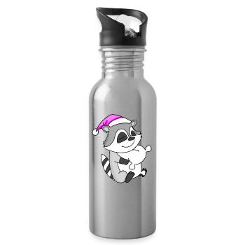 Raccoon with pillow and sleeping cap - Water bottle with straw - silver - Right