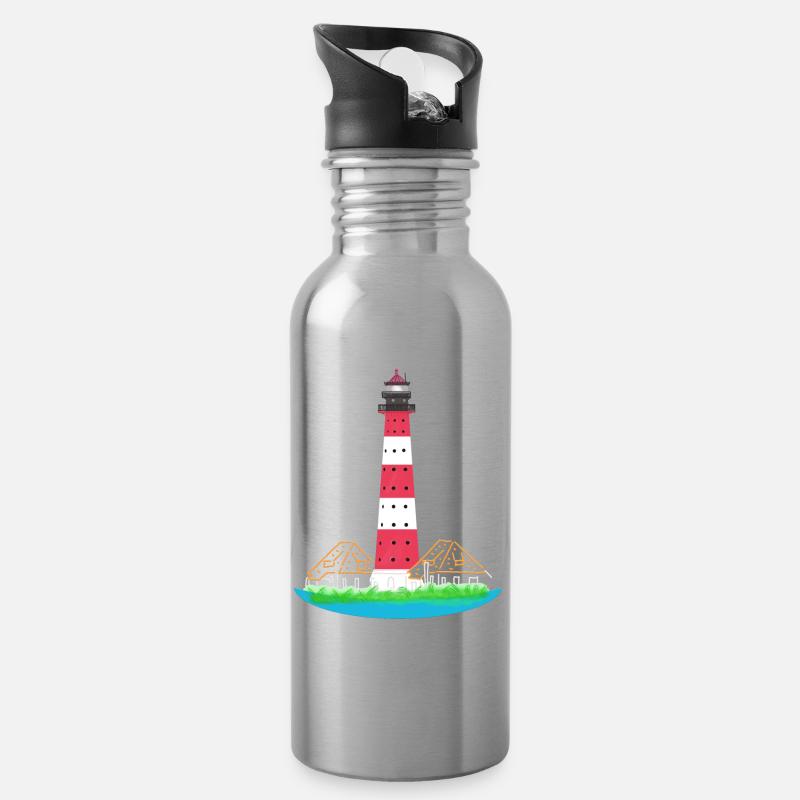Leuchtturm Westerheversand, ohne Text, Nordsee - Trinkflasche mit integriertem Trinkhalm - Lightsilver