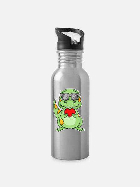 Dinosaurier mit Herz - Liebe Romantisch - Trinkflasche mit integriertem Trinkhalm - Lightsilver