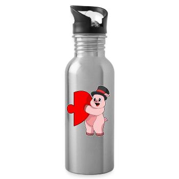 Pig Groom Heart Wedding - Water bottle with straw - silver - Right