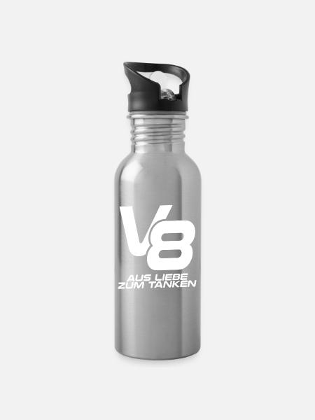 V8 - aus Liebe zum Tanken - Trinkflasche mit integriertem Trinkhalm - Lightsilver