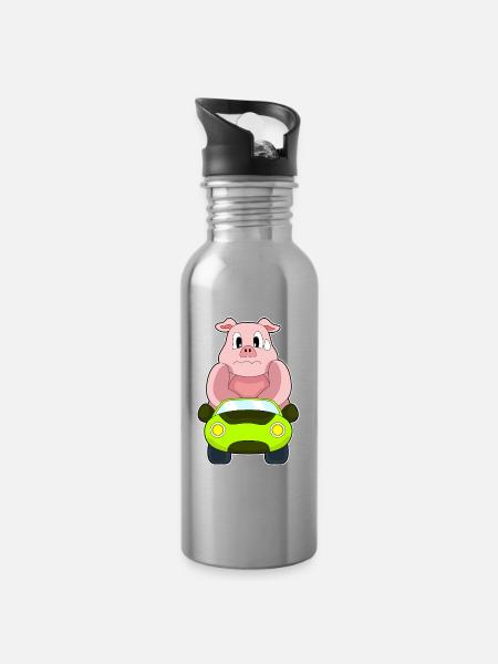 Schwein Auto - Trinkflasche mit integriertem Trinkhalm - Lightsilver