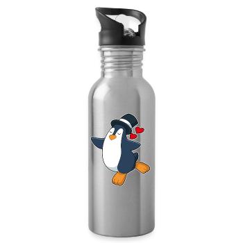 Pinguin Bräutigam Zylinder Hochzeit - Trinkflasche mit integriertem Trinkhalm - Lightsilver - Rechts