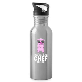 cooles Schwein Chef Spruch - Trinkflasche mit integriertem Trinkhalm - Lightsilver - Rechts