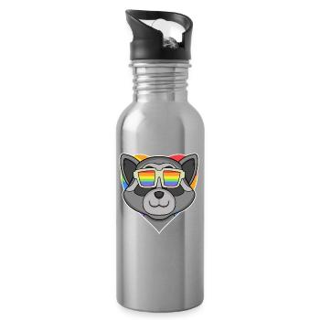 Rainbow - raccoon with glasses and heart - Water bottle with straw - silver - Right