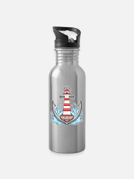 Anchor Lighthouse Mix Motif - Water bottle with straw - silver