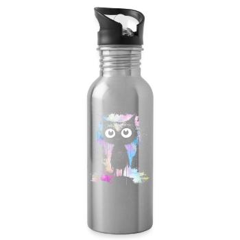 Tie dye colors black cat with big eyes - Water bottle with straw - silver - Right