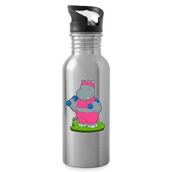Hippopotamus Bodybuilder Dumbbells Bodybuilding - Gourde avec paille intégrée - argent clair - Droite