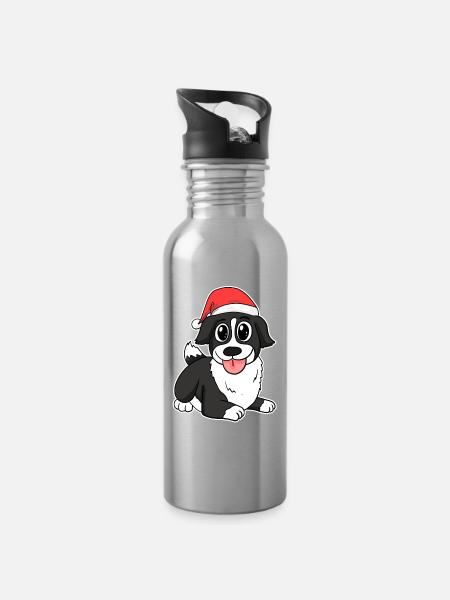 Langhaarcollie Hund Tier Weihnachten - Trinkflasche mit integriertem Trinkhalm - Lightsilver