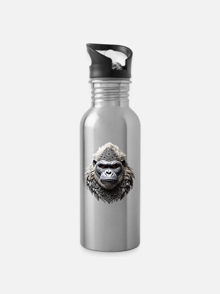 Gorilla Head Tribal White Gorilla Tattoo - Water bottle with straw - silver