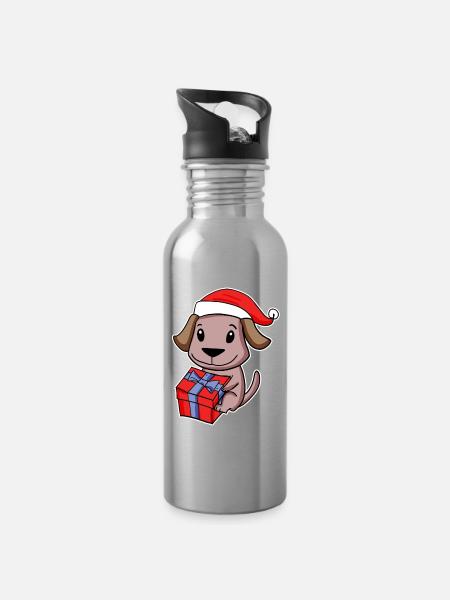 Hund mit Weihnachtsmütze und Weihnachtsgeschenk - Trinkflasche mit integriertem Trinkhalm - Lightsilver