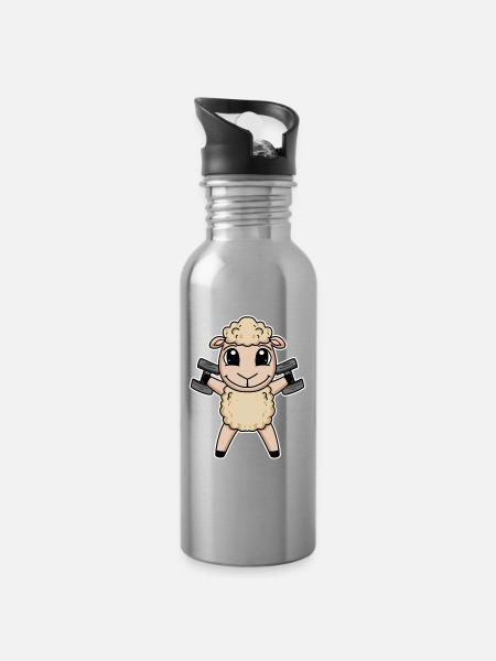 Schaf Hantel Training Krafttraining Fitness - Trinkflasche mit integriertem Trinkhalm - Lightsilver
