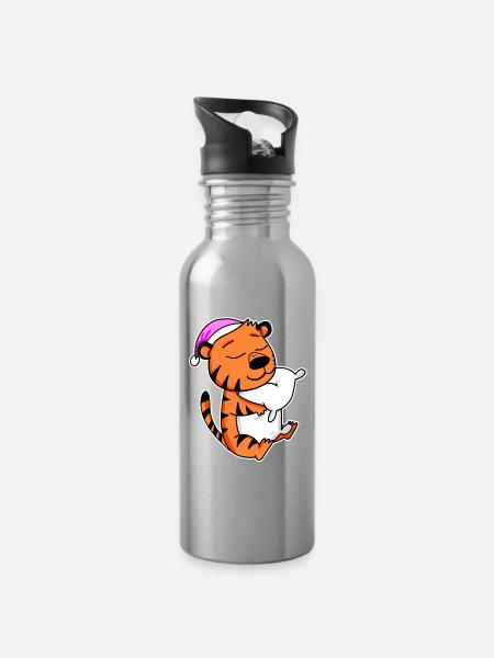 Tiger Müde Ausschlafen Schlafen Mädchen - Trinkflasche mit integriertem Trinkhalm - Lightsilver