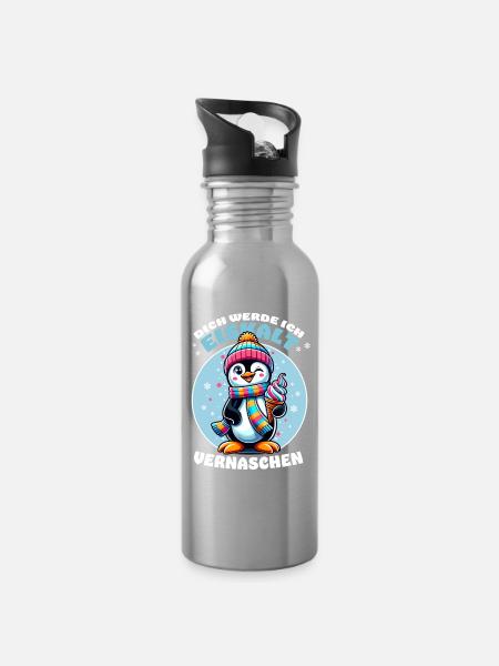 Lustiger Pinguin mit Eis – Cooler Spruch - Trinkflasche mit integriertem Trinkhalm - Lightsilver