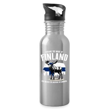 Finnland Abenteuer: Elch und finnische Flagge - Trinkflasche mit integriertem Trinkhalm - Lightsilver - Rechts