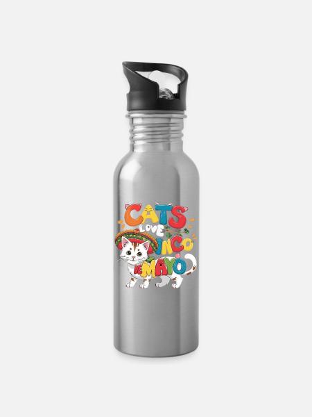 Fiesta Cat sur le thème du Cinco de Mayo - Gourde avec paille intégrée - argent clair