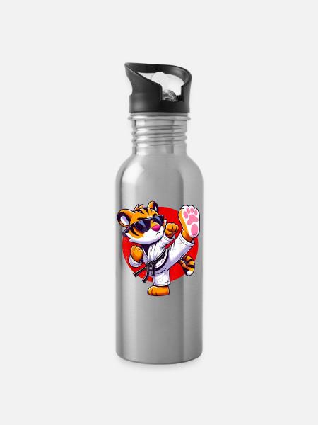 Tigre Karate Style Illustration - Gourde avec paille intégrée - argent clair
