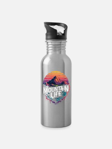 Mountain Life Retro Sunset Design - Gourde avec paille intégrée - argent clair