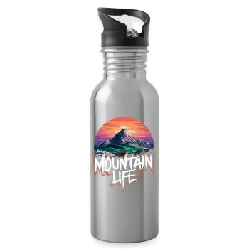 Breathtaking Mountain Moon with Sunset - Water bottle with straw - silver - Right