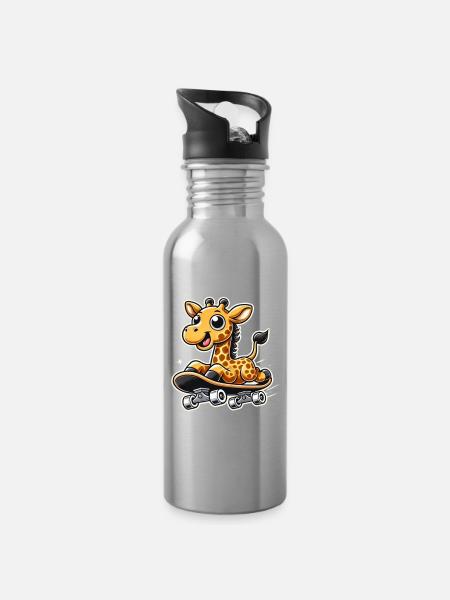 Giraffe Skateboarding - Water bottle with straw - silver