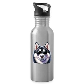 Cool husky with sunglasses - Water bottle with straw - silver - Right