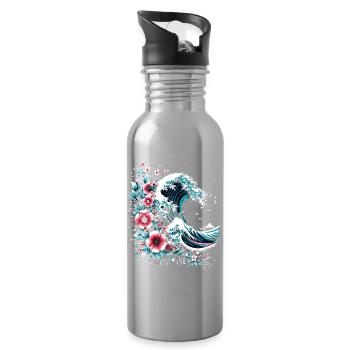 große Welle vor Kanagawa mit Blumen - Trinkflasche mit integriertem Trinkhalm - Lightsilver - Rechts