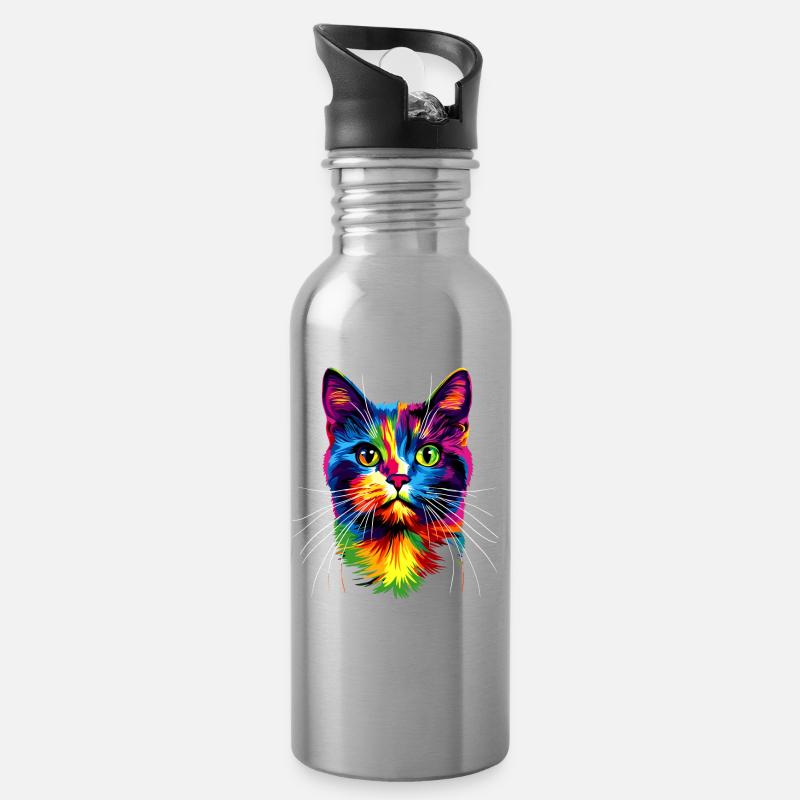 Katze Bunt Regenbogen Farben Popart Cat Mom Katzen - Trinkflasche mit integriertem Trinkhalm - Lightsilver