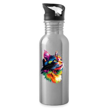 Cat Colorful Rainbow Colors Popart Cat Mom Cats - Water bottle with straw - silver - Right