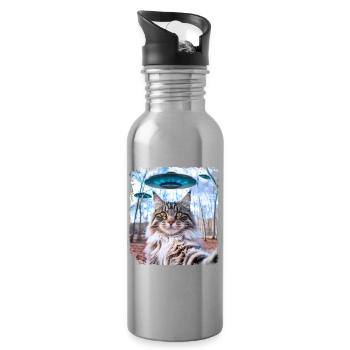 Weird Funny Main Coon Cat Selfie with Alien UFOs. - Water bottle with straw - silver - Right