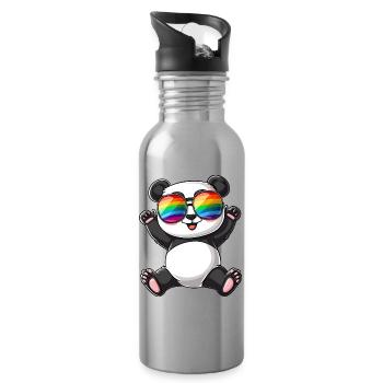 Panda Cartoon mit einer Pride Rainbow Brille. - Trinkflasche mit integriertem Trinkhalm - Lightsilver - Rechts