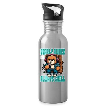 Bearly Awake - Funny Bear Design - Water bottle with straw - silver - Right