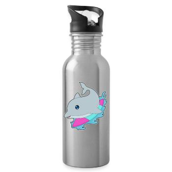 Dolphin Surfing Surfboard Summer - Water bottle with straw - silver - Right