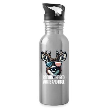 4th of July Stag Patriotic Outfit USA Flag - Water bottle with straw - silver - Right